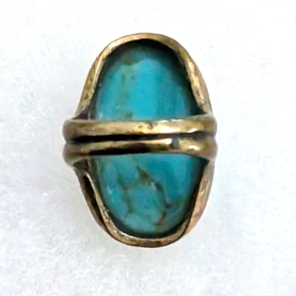 Vintage Oversized Y2K Turquoise & Gold Hallmarked Statement Ring- Size 7 - Picture 7 of 8